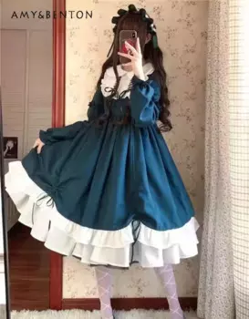 2024 New Japanese Original Lolita Big Skirt Cute Long-sleeved Lapel A Font Multi-color Lace-up Fashionable Dress For Women