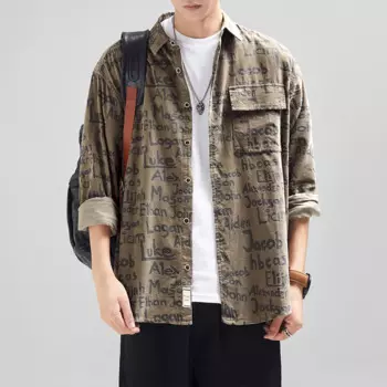 2024 новая мужская рубашка с буквенным принтом в американском стиле ретро 2024, новая свободная модная повседневная мужская рубашка с длинным рукавом, весенне-осенняя куртка