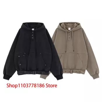 2024, новая толстовка с капюшоном на шнурке, американский ретро подол, пояс, трендовая уличная одежда, топы для мужчин и женщин, пуловер большого размера, свободная толстовка