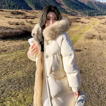 2024, новая женская хлопковая куртка, зимнее пальто, женские парки большого размера, удлиненная версия, верхняя одежда с капюшоном, толстое пальто с большим меховым воротником