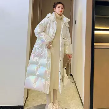 2024, новая зимняя женская куртка-пуховик яркого цвета с капюшоном выше колена, длинная толстая стеганая куртка больших размеров