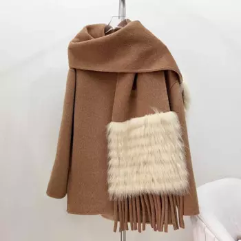 2024, новое осеннее свободное шерстяное пальто с длинной отделкой из лисьего меха, шарф, женская куртка с длинным рукавом, большие размеры, шерстяная смешанная куртка, верхняя одежда