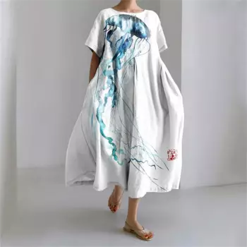 2024, новое повседневное повседневное платье, женское свободное платье больших размеров с круглым вырезом и карманами, модное элегантное платье с короткими рукавами и принтом медузы