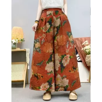 2024, новые летние хлопковые эластичные широкие брюки с высокой талией и принтом рами, женские свободные плиссированные повседневные брюки большого размера LX1955