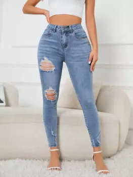 2024 новые стильные Узкие синие эластичные женские джинсы с дырками, повседневные Модные женские длинные джинсы с высокой талией