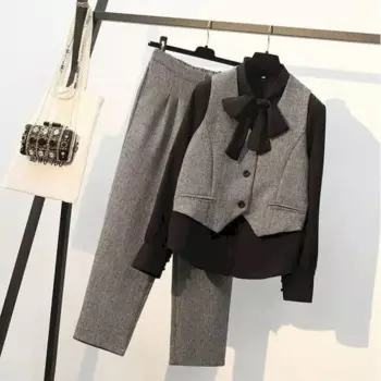 2024, новые темпераментные жилеты, комплекты женской одежды, корейский весенне-осенний модный жилет, брюки, повседневные рубашки с галстуком-бабочкой, костюм-тройка