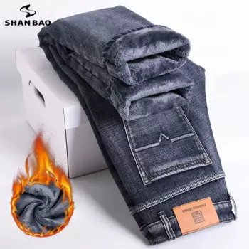 2024, новые зимние мужские теплые джинсы, утепленные флисовые тонкие прямые мягкие эластичные деловые повседневные джинсы, брендовые мужские брюки синего цвета