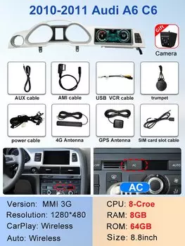 2024 Новый автомобильный мультимедийный беспроводной Android AUTO CarPlay 8,8-дюймовый экран для AUDI A6 C6 2005-2011 лет Автомобильные видеоплееры GPS NAVI