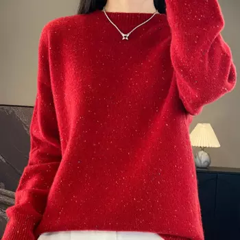 2024 новый год цветная пряжа 100% мериносовая шерсть Женский пуловер с круглым вырезом Топы с длинным рукавом