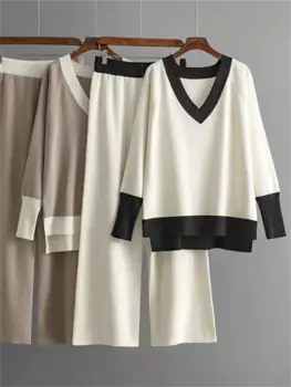 2024 Новый повседневный многоцветный свободный свитер с v-образным вырезом + однотонные широкие брюки, осенне-зимний женский свитер, толстый костюм из 2 предметов