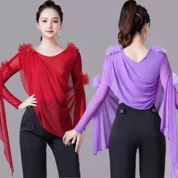 2024, новый сетчатый топ с длинными рукавами, топ для латинских танцев, женская одежда, национальный стандарт, чача, румба, танго, современные танцевальные костюмы DQL9592