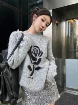 2024, осенне-зимний свитер, женский элегантный верхний свитер с круглым вырезом и цветочным принтом, топ с длинными рукавами, модный вязаный женский пуловер, джемпер