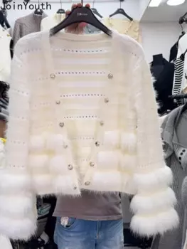 2024, осенне-зимняя одежда, вязаный кардиган для женщин, свитер из искусственного лисьего меха, пальто с v-образным вырезом, свободный ажурный винтажный Pull Femme