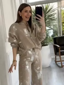 2024 Осеннее пальто с принтом блесток, брючный костюм, женское пальто на молнии, повседневное женское пальто с длинным рукавом, комплект из 2 предметов, брюки с высокой талией, женские комплекты