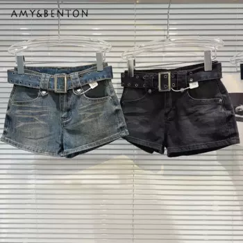 2024, осенние новые американские популярные девушки с заклепками и поясом, декоративные потертые джинсовые шорты Y2K, готические тонкие сексуальные шорты с высокой талией для женщин