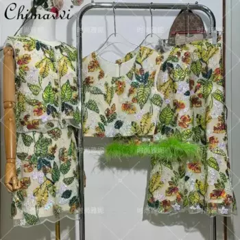 2024, осенние новые комплекты юбок, модные женские юбки средней длины с блестками и бисером, жилет и кардиган, женские топы из страусиного меха