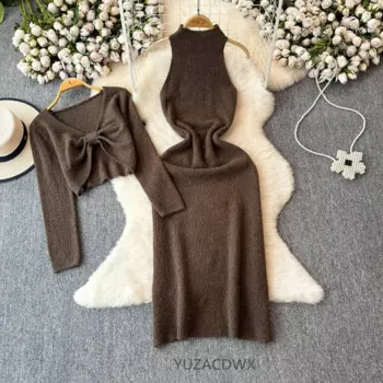 2024 Осенние теплые утепленные трикотажные комплекты платьев Шикарные укороченные свитера с бантом крест-накрест и длинное платье без рукавов Комплекты из 2 предметов