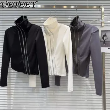 2024, осенняя новая уличная рубашка Sweet Babes с наклонной металлической молнией и высоким воротом, женская эластичная тонкая черно-белая футболка с длинным рукавом