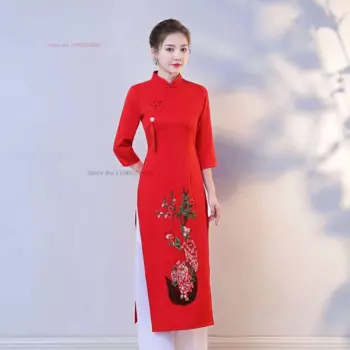 2024 платье Cheongsam восточное платье Ципао + комплект брюк вьетнам винтажное платье с цветочной вышивкой ao Dai элегантное праздничное платье