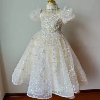 2024, платье для девочек с цветами, платье принцессы для девочек с блестками и бисером, детское свадебное платье с коротким рукавом, пышное Сетчатое свадебное платье