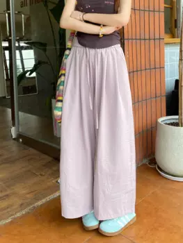 2024 простые однотонные широкие брюки, женские летние прямые повседневные брюки с высокой талией и шнуровкой