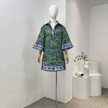 2024 Re-tro зеленое летнее платье с цветочным принтом, новая коллекция льна, высокое качество, женское свободное мини-платье с короткими рукавами