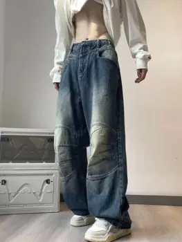 2024, синие женские джинсы, модная винтажная уличная одежда в стиле хип-хоп, Y2K, широкие прямые джинсы, брюки с высокой талией, мешковатые джинсовые брюки-карго