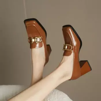2024 Square High Heels Loafers Women Autumn Chunky Platform Pumps Woman Slip on Black Uniform Shoes Mary Janes Zapatillas Mujer