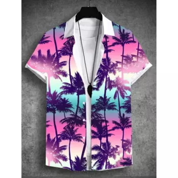 2024 Summer Men's Tropical Print Hawaiian Beach Vacation Set Plant Coconut Tree Short Sleeve T-Shirt 4-Way Stretch Fabric Shirt