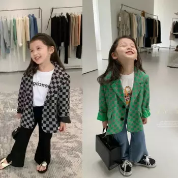 2024, свободное пальто для девочек, костюм для отдыха с рисунком шахматной доски, топы, весенне-осенняя корейская одежда, детская одежда, куртки