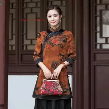2024, традиционная китайская винтажная блузка, улучшенный Cheongsam, атласные топы Ципао с национальным цветочным принтом, восточный элегантный костюм Тан
