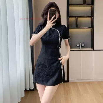 2024, традиционное китайское платье для ночного клуба, qipao, улучшенное жаккардовое платье Cheongsam + шорты, комплект, восточное рабочее платье для спа-салона, отеля, qipao