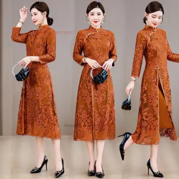 2024, традиционное китайское платье, улучшенное Cheongsam Qipao, национальное кружевное платье с цветочной вышивкой, восточное банкетное праздничное платье Ципао