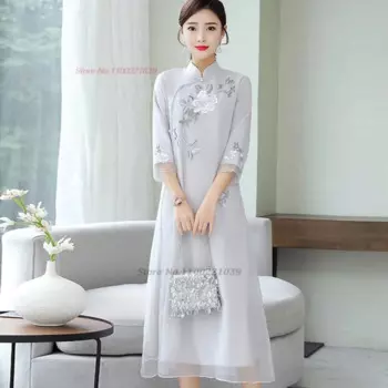 2024, традиционное китайское винтажное платье, улучшенное Cheongsam, шифоновое платье трапециевидной формы с национальной цветочной вышивкой, восточное вечерние Ципао