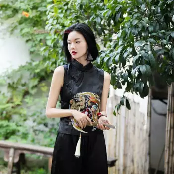 2024, традиционный китайский женский жилет в стиле ретро, атласный жилет с вышивкой дракона, китайский элегантный винтажный топ ханьфу, восточный костюм Тан