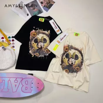 2024 Весенняя Милая крутая Повседневная футболка с мультяшным принтом из бисера, стильная свободная футболка с коротким рукавом, женская одежда