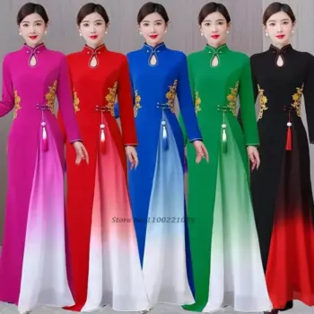 2024, вьетнамское традиционное платье aodai, китайское улучшенное Ципао, национальное платье Cheongsam с цветочной вышивкой, платье трапециевидной формы для выступлений на сцене