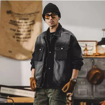 2024, весенне-осенняя мужская новая американская черная джинсовая куртка-карго, красивая повседневная куртка для пожилых людей с планктоном, размер 4XL