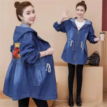 2024, весенне-осенняя новая джинсовая ветровка с капюшоном на молнии, тонкая женская повседневная свободная винтажная джинсовая куртка, женская длинная верхняя одежда