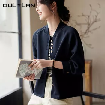 2024, весеннее женское повседневное однотонное пальто, модная офисная женская свободная куртка с украшением на пуговицах, женская темно-синяя верхняя одежда, куртки