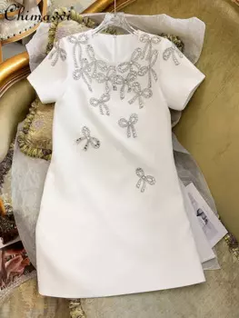 2024, весна-лето, новое французское роскошное платье ручной работы с бантом из бисера, женские элитные и модные элегантные вечерние платья с короткими рукавами