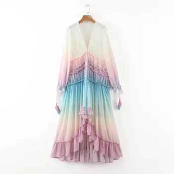 2024, весна-лето, новое градиентное платье для беременных, шифоновое платье с v-образным вырезом и длинными рукавами, женское кружевное платье с листьями лотоса