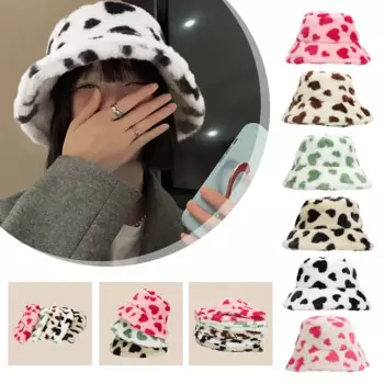 2024 Winter Heart Print Faux Fur Fluffy Bucket Hat Hats Furry Women Velvet Soft Caps Girl Outdoor Fashion Warm Panama Fishe J6H7