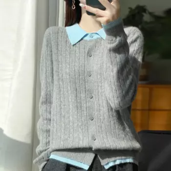 2024 Women Knitted Cashmere Wool Cardigan Fashion Sweater Double collar Single breasted Twisted pattern High-quality Loose Tops
