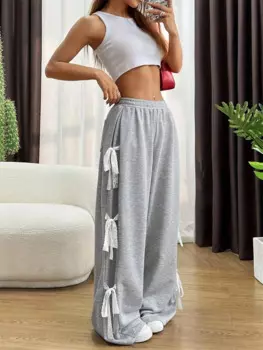 2024 Women's Grey Retro Y2K Lace Lace Splicing Pants Casual Harajuku Aesthetic Sports Pants Retro High Waist Wide Pants