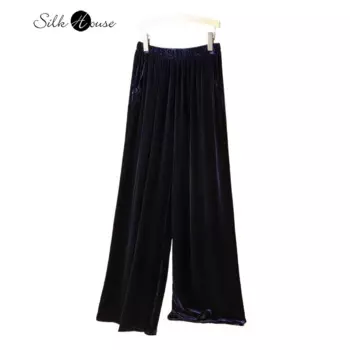 2024 Женская мода, осенние новые темно-синие 30% натуральный шелковый бархат, ретро, универсальные повседневные широкие брюки с высокой талией