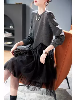 2024 Женская Одежда модное Сетчатое сращивающееся яркое шелковое платье с длинным рукавом Весна-Лето Новинка No.47