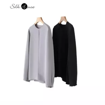 2024, женская весенне-осенняя новая футболка из 100% натурального шелка шелковицы, плотный креп, свободная темпераментная футболка с длинными рукавами и круглым вырезом