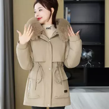 2024 женские парки с меховой подкладкой, повседневные теплые ветрозащитные парки с меховым воротником и капюшоном, пальто с поясом, женская верхняя одежда, зимние куртки