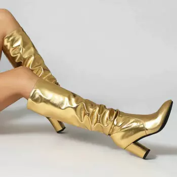 2024 Женские сапоги до колена с острым носком и квадратным высоким каблуком Женские сапоги до середины икры из искусственной кожи без шнуровки плиссированные вечерние женские сапоги большого размера